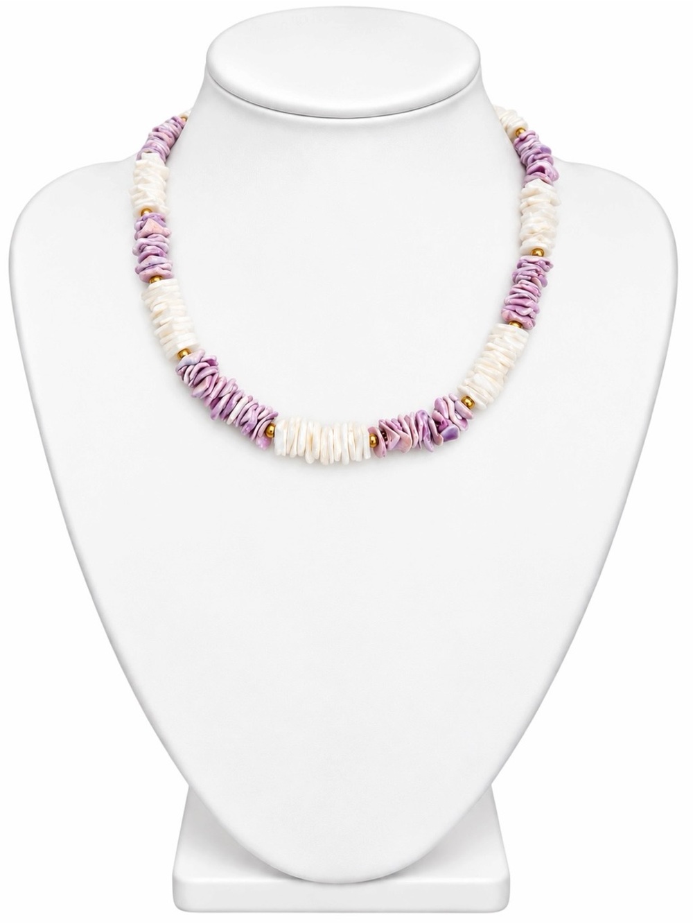 Cream & Lavender Purple Shell Chip Beaded Necklace 8” Drop Boho Beachy